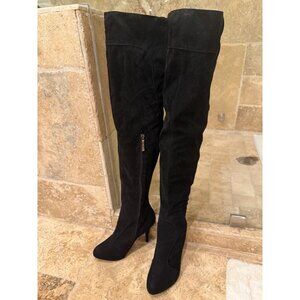 Thigh-High Black High Heel Boots With Side Zipper & Back Lace-Up